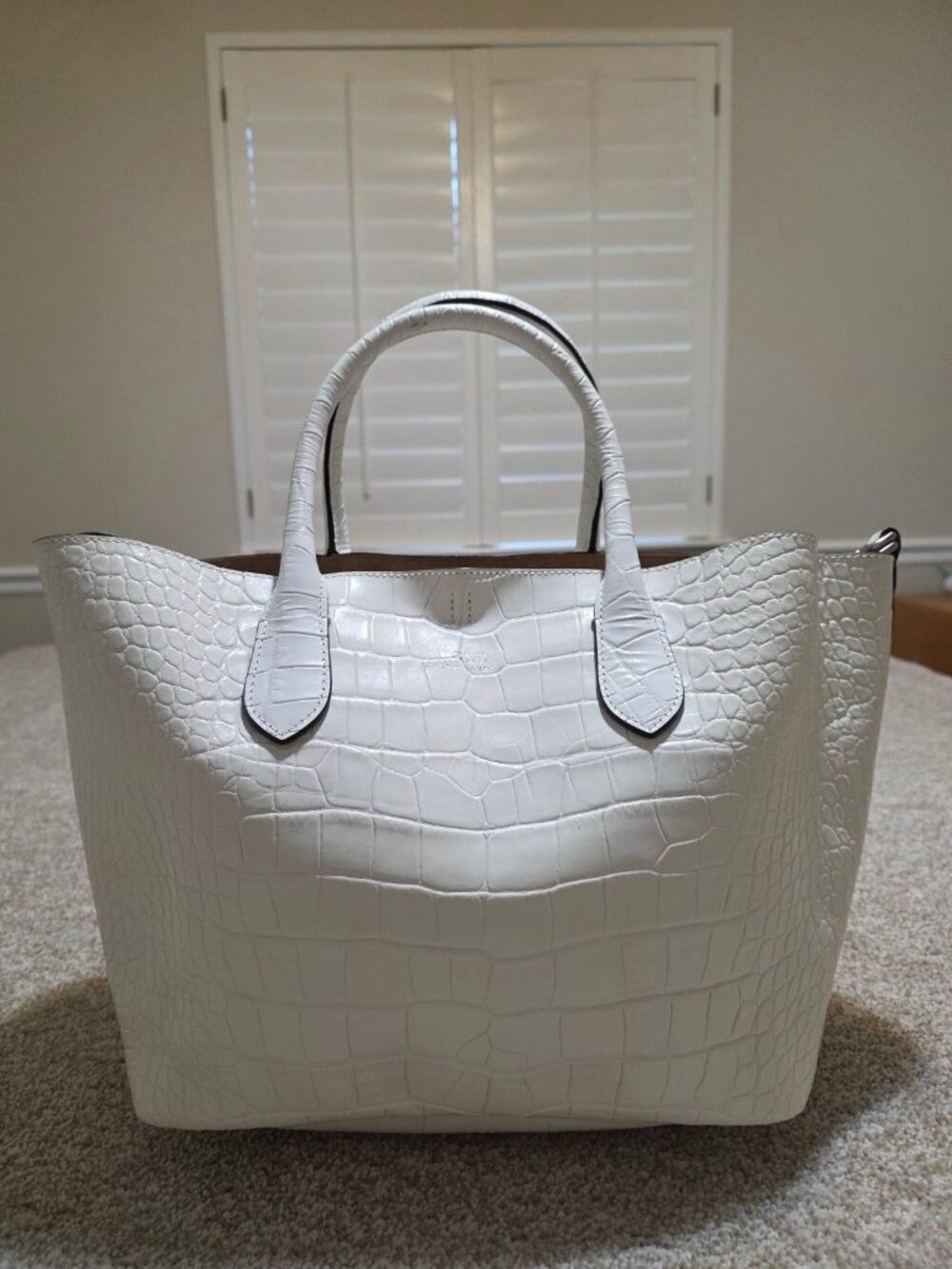 Polo Ralph Lauren White Embossed Leather Tote Croc Print w/ Shoulder Strap Purse